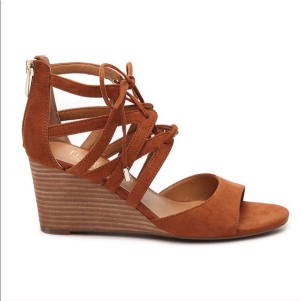 Franco Sarto Mollie Wedges Tan Faux Suede Lace Up Sandals